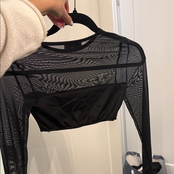 Edikted Black Long-Sleeve Mesh Crop Top with Built-In Bandeau - Picture 3 of 3